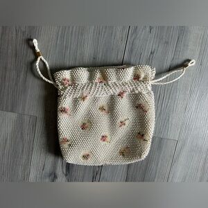 Vintage Lumured Beaded Handbag White Pink 9” X 9”‎ Drawstring Floral Mini Bag